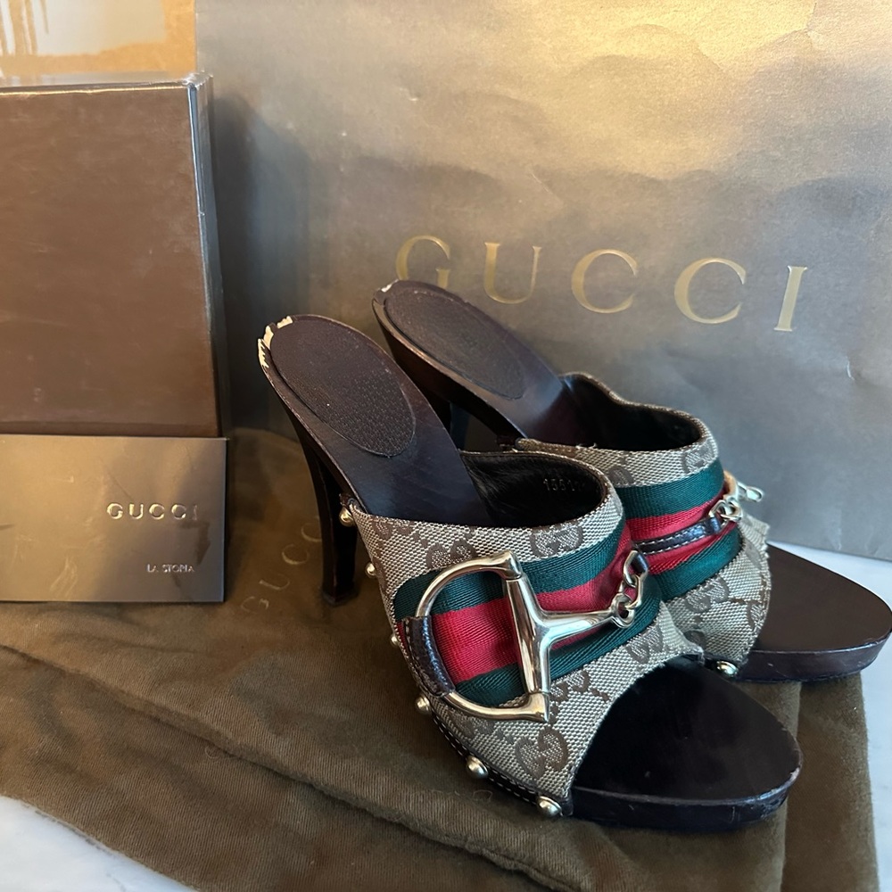 Gucci Women's Brown GG Monogram, Red and Green Heeled Mules